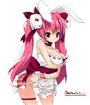  animal_ears breast_hold breasts bunny_ears di_gi_charat dice_hair_ornament hair_ornament large_breasts long_hair maid oekaki onija_tarou pink_hair purple_eyes skirt skirt_lift solo twintails usada_hikaru 