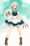  albino between_fingers boots bow braid hair_bow izayoi_sakuya knife leg_garter maid maid_headdress red_eyes short_hair silver_hair smirk solo standing takaharu touhou tray twin_braids wrist_cuffs 