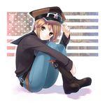  america american_flag androgynous bad_id bad_pixiv_id belt boots bow brown_eyes copyright_request denim flag_background hamamo hat jeans light_brown_hair pants short_hair smile solo 