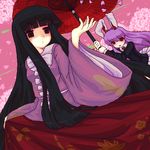  animal_ears bad_id bad_pixiv_id black_hair bow bunny_ears cherry_blossoms holding holding_umbrella houraisan_kaguya jacket japanese_clothes kt2 lavender_hair long_hair lowres multiple_girls necktie oriental_umbrella outstretched_hand pixel_art red_eyes reisen_udongein_inaba skirt_hold touhou umbrella very_long_hair white_bow wide_sleeves 