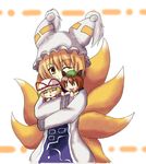  :3 animal_ears blonde_hair blush_stickers character_doll chen doll fox_tail hat long_sleeves matsudaira_hayato multiple_girls multiple_tails one_eye_closed pillow_hat short_hair tail tassel touhou wide_sleeves yakumo_ran yakumo_yukari yellow_eyes 