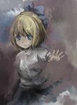  alice_margatroid alice_margatroid_(pc-98) blonde_hair blue_eyes collared_shirt cowboy_shot looking_at_viewer mathnote outstretched_arm shirt short_hair smile solo touhou touhou_(pc-98) white_shirt 
