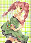  bare_shoulders bloomers braid brown_hair candy dress food food_themed_clothes green_eyes highres kayou_(kayou-bi) lollipop mouth_hold original skirt_basket solo swirl_lollipop thighhighs twin_braids underwear 