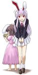  animal_ears barefoot brown_hair bunny_ears dress formal full_body inaba_tewi lavender_hair loafers long_sleeves looking_at_viewer money multiple_girls necktie pink_dress pleated_skirt puffy_short_sleeves puffy_sleeves red_eyes red_neckwear reisen_udongein_inaba shoes short_sleeves simple_background skirt socks standing suit touhou tsuyadashi_shuuji white_background white_legwear white_skirt 