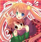  1girl bell fang hair_bell hair_ornament heterochromia hug kagurazaka_asuna mahora_academy_middle_school_uniform mahou_sensei_negima! negi_springfield non-web_source plaid plaid_skirt school_uniform skirt v 