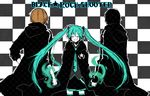  2boys black_rock_shooter black_rock_shooter_(character) black_rock_shooter_(character)_(cosplay) checkered checkered_background cosplay crossover donburi_(artist) gom_(niconico) green_hair halyosy hatsune_miku long_hair multiple_boys niconico parody skirt smile thighhighs twintails vocaloid 