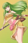  bandages bangs breasts c.c. choker code_geass fur green_hair jewelry kimura_takahiro long_hair medium_breasts microphone microphone_stand midriff necklace non-web_source skirt solo standing yellow_eyes 