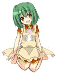  apron fang green_hair head_tilt macross macross_frontier ranka_lee red_eyes shingetsu_takehito short_hair sitting sketch solo wariza 