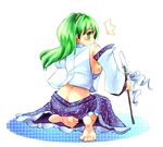  bad_feet barefoot breasts green_hair kneeling kochiya_sanae long_hair lowres medium_breasts sideboob solo touhou turupiko 