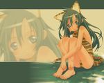  animal_ears animal_print barefoot cat cat_ears cham_cham feet flat_chest green_eyes green_hair hands kuroboshi_kouhaku long_hair long_legs samurai_spirits sitting skinny snk solo tail tiger_print wallpaper zoom_layer 