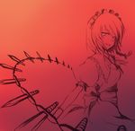  braid izayoi_sakuya knife maid_headdress monochrome onimaru_gonpei red side_braid smirk solo touhou twin_braids 