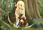  arrow bare_shoulders blonde_hair blue_eyes bow_(weapon) copyright_request detached_sleeves elf kaizeru kneeling long_hair pointy_ears solo thighhighs weapon 