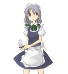  albino bad_id bad_pixiv_id between_fingers braid izayoi_sakuya knife maid red_eyes short_hair silver_hair solo touhou twin_braids yuyu7929 