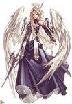  armor artist_request blonde_hair brown_eyes copyright_request detached_sleeves halo highres long_hair polearm solo spear very_long_hair weapon wings 
