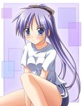  alternate_hairstyle blue_eyes blush double_vertical_stripe gym_uniform hiiragi_kagami long_hair lucky_star non-web_source ponytail purple_hair solo 