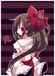  ana_(rznuscrf) bow brown_hair colored_eyelashes detached_sleeves eyelashes hair_bow hakurei_reimu long_hair looking_back ponytail purple_eyes sarashi simple_background solo striped striped_background touhou 