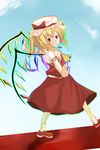  bad_id bad_pixiv_id blonde_hair flandre_scarlet hat outstretched_arms ponytail ribbon short_hair solo spread_arms touhou walking wings 