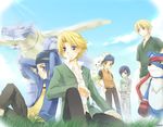  arms_behind_head back-to-back bandana blonde_hair blue_eyes blue_hair blush crossed_legs crossover day digimon digimon_adventure_02 digimon_frontier digimon_savers digimon_tamers gaomon gloves grass grey_eyes hand_on_hip headband holding ichijouji_ken ishida_yamato kurot leafmon leg_up li_jianliang male_focus minamoto_kouji multiple_boys odaiba_middle_school_uniform open_clothes open_shirt outdoors pants school_uniform shirt sitting smile terriermon touma_h._norstein v-neck wristband 