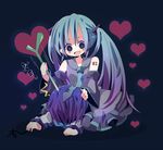  1girl ana_(rznuscrf) aqua_hair blue_hair chibi detached_sleeves gradient_hair hatsune_miku heart hitting kaito long_hair lying multicolored_hair necktie on_stomach purple_hair short_hair spring_onion straddling vocaloid yandere 