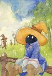  ankle_boots artist_request boots brown_footwear day fence field final_fantasy final_fantasy_ix grass hat hidden_face long_sleeves lowres male_focus outdoors plant sitting solo tree tunic vivi_ornitier witch_hat 