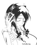  aki_toshi bandages bow closed_eyes eyepatch greyscale headphones kobushi_abiru monochrome sayonara_zetsubou_sensei solo 