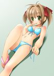  bikini blush bow brown_hair finger_to_mouth green_eyes hair_ribbon knee_up looking_at_viewer lying on_back original red_bow ribbon sandals shibacha side-tie_bikini solo swimsuit twintails untied untied_bikini 