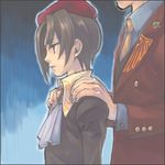  artist_request beret black_hair blue_background cravat expressionless formal hands_on_shoulders hat kanon_(umineko) lowres male_focus multiple_boys necktie suit umineko_no_naku_koro_ni ushiromiya_krauss 