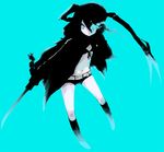  belt black_hair black_rock_shooter black_rock_shooter_(character) blue_background blue_eyes front-tie_top long_hair navel pale_skin shorts solo twintails ume_(datsuryokugen) 