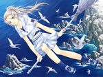  belt bird blue_eyes braid broom broom_riding flying long_hair midriff miss_surfersparadise original ponytail school_uniform seagull sidesaddle silver_hair skirt solo water yue_natsuki zipper 