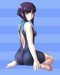  ass back bangs barefoot blunt_bangs blush bob_cut bodysuit breasts covered_nipples ester_ein_astrada feet from_behind kenran_butou_sai looking_back medium_breasts one-piece_swimsuit orange_eyes purple_hair short_hair sidelocks sitting solo striped swimsuit wet zundarepon 