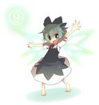  1girl akebi_(kakororo) bad_id bad_pixiv_id barefoot blue_hair bow cirno fang outstretched_arms ribbon short_hair smile solo spread_arms touhou wings 