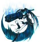  arm_cannon bad_id bad_pixiv_id black_hair black_rock_shooter black_rock_shooter_(character) blue_eyes long_hair midriff scar shorts solo sp_ng_ny stitches weapon 