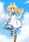  apron blonde_hair bow cloud day hair_bow hairband long_hair maid original pantyhose purple_eyes sky solo soranagi_reno striped 