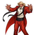  blonde_hair capcom_vs_snk evil_smile facial_hair formal jacket long_hair long_sleeves male_focus muscle mustache nishimura_kinu open_clothes open_jacket outstretched_arms rugal_bernstein simple_background smile snk solo standing suit the_king_of_fighters white_background 