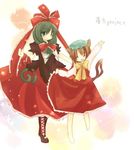  animal_ears bad_id bad_pixiv_id brown_hair cat_ears cat_tail chen china_dress chinese_clothes dress front_ponytail green_hair hat kagiyama_hina long_hair lowres morinaga_kobato multiple_girls multiple_tails ribbon short_hair tail touhou 