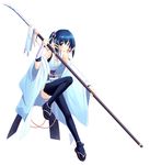  artist_request bangs black_legwear blue_eyes blue_hair blush bracer copyright_request eyebrows_visible_through_hair full_body hair_ornament hair_ribbon holding holding_weapon knee_up looking_at_viewer looking_to_the_side polearm ponytail ribbon sandals sash sidelocks simple_background sleeveless solo source_request tassel thighhighs tress_ribbon weapon white_background wide_sleeves 