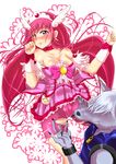  1girl bike_shorts bow breasts choker cure_happy dress furry grin harikiri head_wings hoshizora_miyuki large_breasts long_hair magical_girl pink_bow pink_choker pink_eyes pink_hair pink_shorts pink_skirt precure shorts shorts_under_skirt skirt smile smile_precure! tiara torn_clothes twintails werewolf white_hair wolfrun 