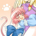  animal_ears bad_id bad_pixiv_id blonde_hair breasts cat_ears cat_tail fang long_hair medium_breasts multiple_girls no_hat no_headwear open_mouth pink_eyes pink_hair saigyouji_yuyuko short_hair smile tail touhou yakumo_yukari yuuma_(pumpkin) 