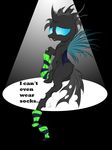  ambiguous_gender blue_eyes changeling dialog dialogue english_text equine fangs feral friendship_is_magic holes horn horse legwear mammal my_little_pony pony sad simple_background socks solo stockings text v-d-k wings 