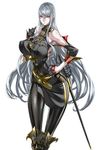  bare_shoulders belt breasts covered_nipples gloves halterneck hand_on_hip highres honjou_raita huge_breasts knee_pads legs long_hair long_legs military military_uniform official_art pantyhose rapier red_eyes selvaria_bles senjou_no_valkyria silver_hair simple_background slender_waist solo sword thighs uniform very_long_hair weapon white_background 