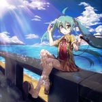 barefoot beach cloud dappled_sunlight day earphones feet hatsune_miku long_hair looking_at_viewer outdoors sandals shoe_dangle single_earphone_removed sky solo sunlight toes tom_(drpow) twintails very_long_hair vocaloid 