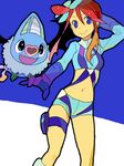  blue_background blue_eyes fuuro_(pokemon) gen_5_pokemon gloves long_hair looking_at_viewer pokemon pokemon_(creature) pokemon_(game) pokemon_bw red_hair shorts shouji_ni_nanshi simple_background smile suspenders swoobat tegaki white_background 