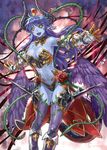  :d asmodeus_(shinrabanshou) blue_hair blue_skin breasts cleavage demon_girl fang feathered_wings flower gauntlets hat horns long_hair low_wings medium_breasts navel open_mouth outstretched_arms plant pointy_ears purple_legwear ran'ou_(tamago_no_kimi) rose shinrabanshou smile solo succubus tail thighhighs thorns vines wings yellow_eyes 
