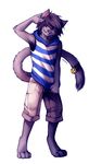 cat clothing falvie feline fur hoodie male mammal plain_background purple_fur shorts solo white_background 