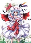  animal ascot bat bat_wings blue_hair bracelet capelet collarbone curiosities_of_lotus_asia feathers flower hat hat_ribbon highres jewelry lily_(flower) long_sleeves puffy_sleeves red_eyes remilia_scarlet ribbon smile solo standing touhou wings yossyzero 