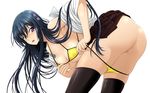  bikini black_legwear blue_hair blush censored isse leaning_forward long_hair looking_back original purple_eyes pussy school_uniform simple_background skirt solo swimsuit thighhighs white_background 