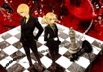  1girl alternate_costume artoria_pendragon_(all) blonde_hair chain chess_piece chessboard chie_(mizzkoko) enkidu_(weapon) fate/zero fate_(series) formal gilgamesh green_eyes highres long_hair necktie pant_suit ponytail red_eyes revision saber suit 