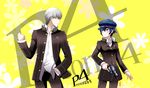  1girl androgynous bad_id bad_pixiv_id blue_eyes blue_hair cabbie_hat copyright_name crossdressing grey_eyes grey_hair gun hand_in_pocket handgun hat machinosuke narukami_yuu persona persona_4 reverse_trap revolver school_uniform shirogane_naoto short_hair smile weapon 