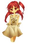  arms_behind_back dress jewelry long_hair looking_at_viewer magi_the_labyrinth_of_magic morgiana one_side_up pendant red_eyes red_hair simple_background solo tachibana_beni tsurime white_background white_dress 