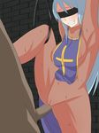  anal aozora_soda arms_up blindfold blue_hair blush bodysuit breasts cameltoe chunsoft clenched_teeth cross dragon_quest dragon_quest_iii enix highres penis priest_(dq3) strap sweat teeth thighs 